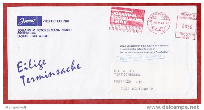 Drucksache, Francotyp-Postalia F19-3056, Textiltechnik Rockelmann, 50 Pfg, Eschwege 1987 (15610) - Franking Machines (EMA)