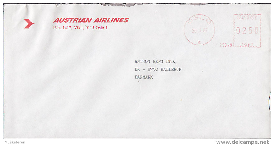 Norway AUSTRIAN AIRLINES, OSLO 1987 Meter Stamp Cover Brief To Denmark - Briefe U. Dokumente