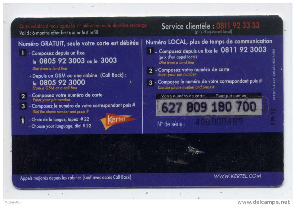 France--KERTEL -- Télécarte  Prépayée-- France Monde-- 15€ Rechargeable --Tour Eiffel - Autres & Non Classés