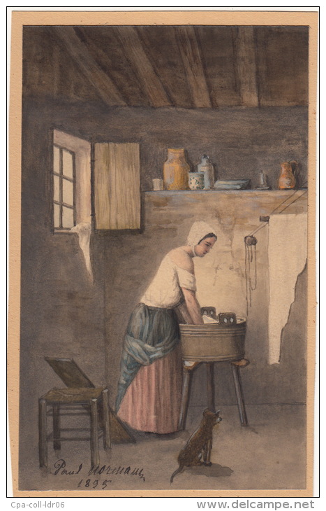 LA LESSIVE - Aquarelle Originale Sur Papier, D´époque Fin XIX° Siècle, Datée 1895 Et Signée "Paul Normant (ou Norman ?). - Aquarelles