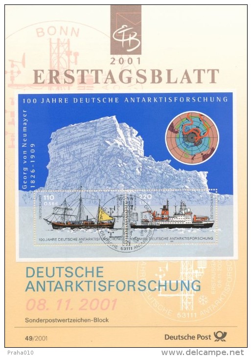 BRD / First Day Sheet (2001/49) 53111 Bonn: 100 Years German Antarctic Research; Georg Von Neumayer (1826-1909) - Onderzoeksprogramma's
