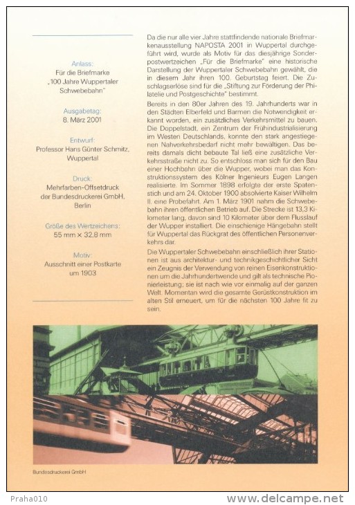 BRD / First Day Sheet (2001/11) 53111 Bonn: Wuppertal Suspension Railway, 100 Years - Tramways