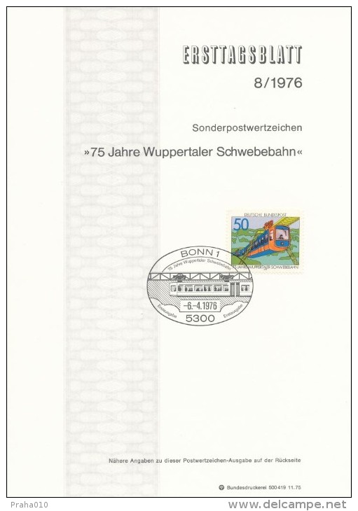 BRD / First Day Sheet (1976/08) 5300 Bonn 1: Wuppertal Suspension Railway, 75 Years (1901-1976) - Tramways