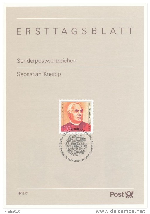 BRD / First Day Sheet (1997/19) Bonn: Sebastian Kneipp (1821-1897) Bavarian Priest; One Of The Founders Hydrotherapy - Thermalisme