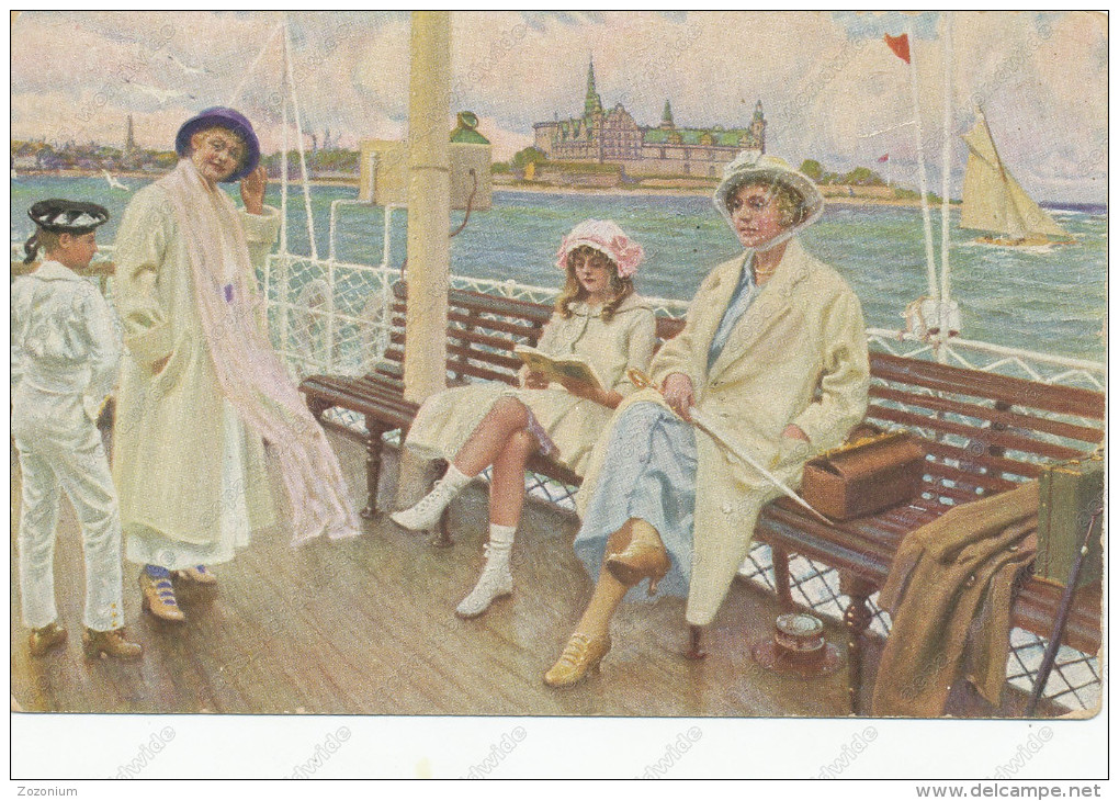 Paul Fischer Pinx , Sommerdag Paa Fargen, On The Ferryboat, A Bord, Vintage Old  Postcard - Sonstige & Ohne Zuordnung