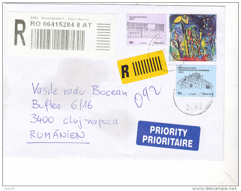 FLOWERS, NATURE, FORUM STADTPARK GRAZ, MUSEUM JOANNEUM, PRIORITY REGISTERED COVER, SENT FROM SWITZERLAND TO ROMANIA 2012 - Storia Postale