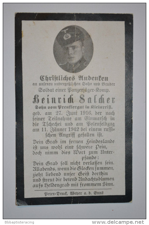 Carte De Deces-sterbeilder-death Card-rubland-1942-panzerjager Rgt - 1939-45