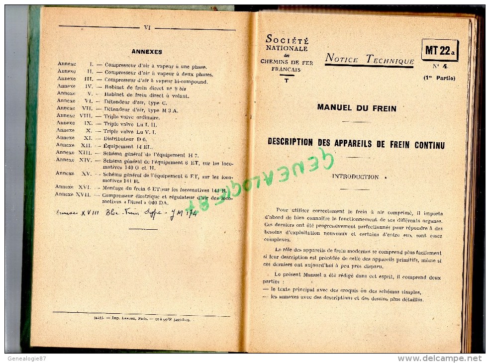 SNCF- SUPERBE NOTICE TECHNIQUE CHEMINS DE FER  GARE -MANUEL DU FREIN CONTINU- MARS 1950 - Spoorwegen En Trams