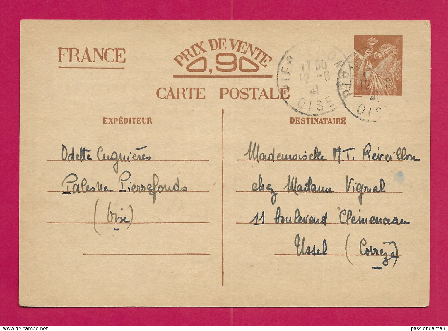 Carte Interzone Iris 90 Centimes - De Pierrefonds Dans L'Oise à Ussel En Corrèze - Documentos