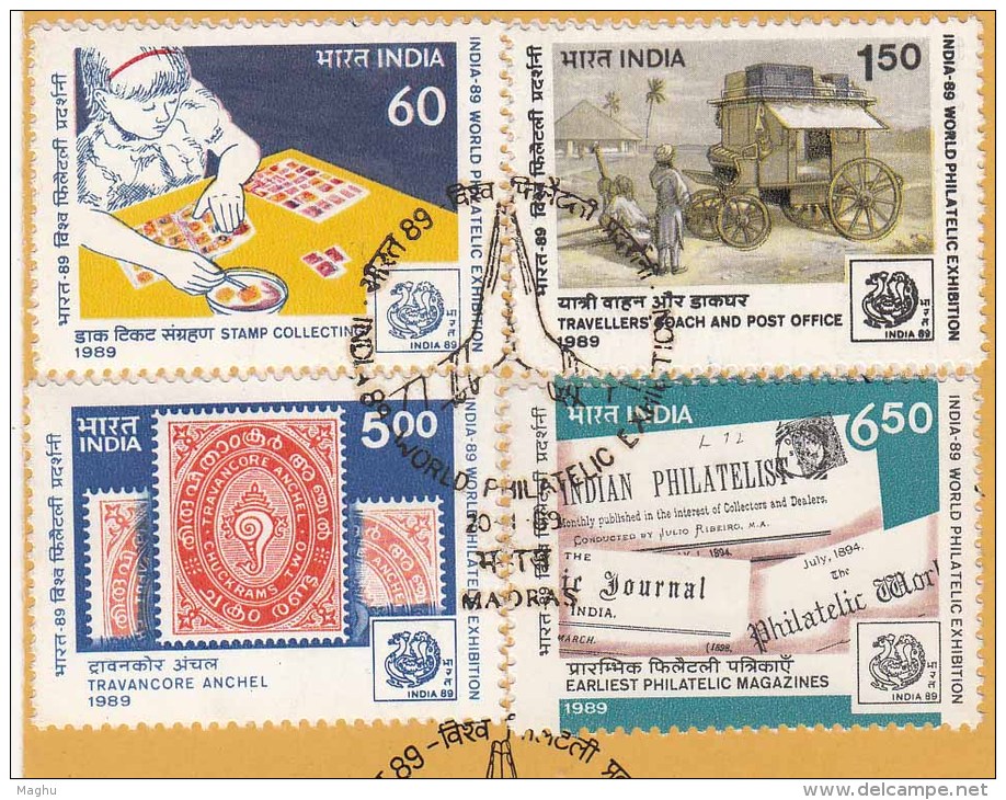 Stamped Information On World Philatelic Exhibition, Philately, Shell, Coach, Jounalism, Penny Black 1840, India 1989 - Philatelic Exhibitions