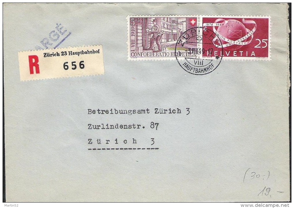 Schweiz Suisse 1949: R-Brief Ab ZÜRICH 3.VIII.49 Mit Zu 295+WII42 Mi 523+525 Yv 475+477 (Zu CHF 28.00) - Storia Postale