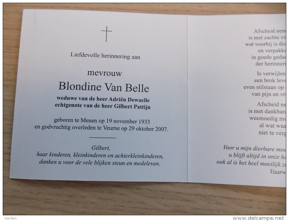 Doodsprentje Blondine Van Belle Menen 19/11/1933 Veurne 29/10/2007 ( Adirën Dewaelle En Gilbert Pattijn) - Religione & Esoterismo