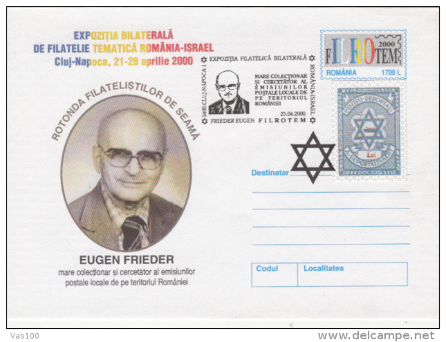JEWISH, JUDISME, ROMANIA- ISRAEL PHILATELIC EXHIBITION, PERSONALITY, COVER STATIONERY, ENTIER POSTAL, 2000, ROMANIA - Judaisme