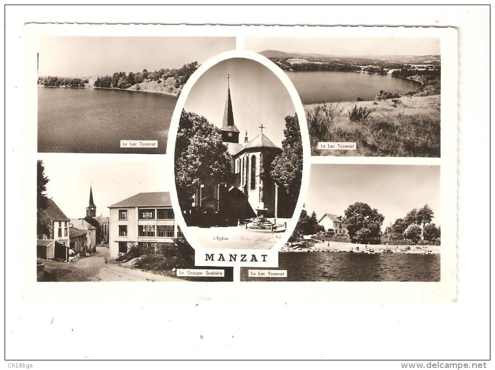 CPA :63 -Puy De Dôme -  Manzat : Multivues ( 5 ) : Lac Tazenat  [ 3 Vues ] - Eglise - Groupe Scolaire - - Manzat