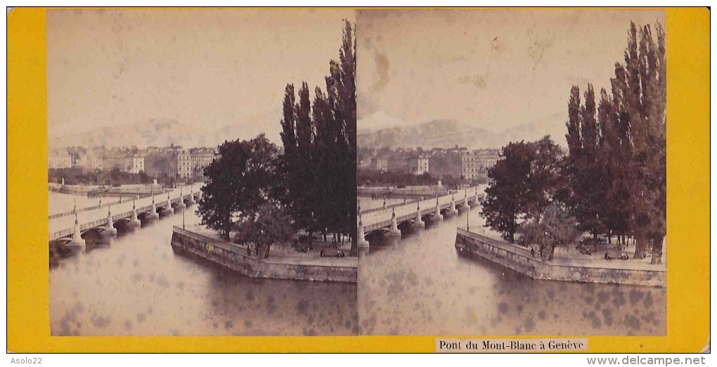 Photo Stéréoscopique, Genève, Le Pont Du Mont Blanc, Hôtel Des Bergues, Et île Rousseau (vers 1890) - Photos Stéréoscopiques