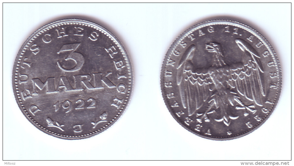 Germany 3 Mark 1922 J 3rd Anniversary Weimar Constitution - 3 Mark & 3 Reichsmark