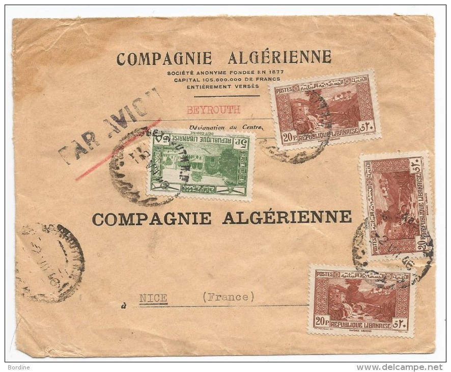 - Lettre - LIBAN - BEYROUTH - PAR AVION - 5P.Vert +3x20P Marron + Fiscal Marron Au Verso - 1946 - Briefe U. Dokumente