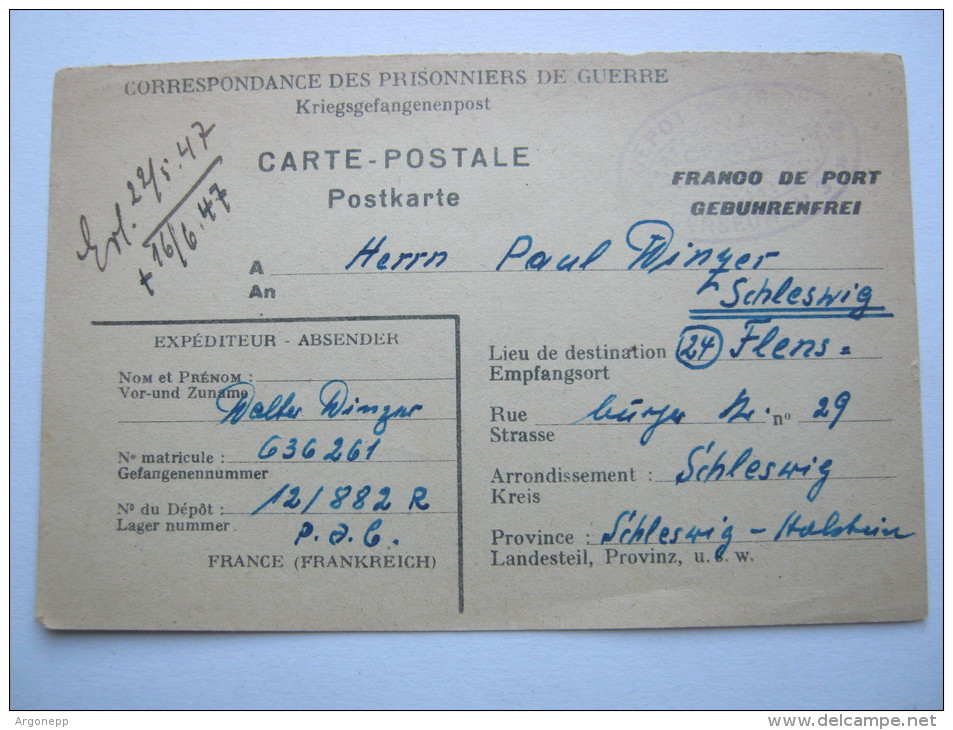 1947, Prisonnier De Guerre, Depot 12/882, Carte  A Allemagne  Avec Censuree - Oorlog 1939-45
