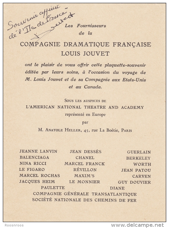 PLAQUETTE SOUVENIR AMERICAN NATIONAL THEATRE ACADEMY COMPAGNIE DRAMATIQUE LOUIS JOUVET 1951 (?) - Cinema & Teatro