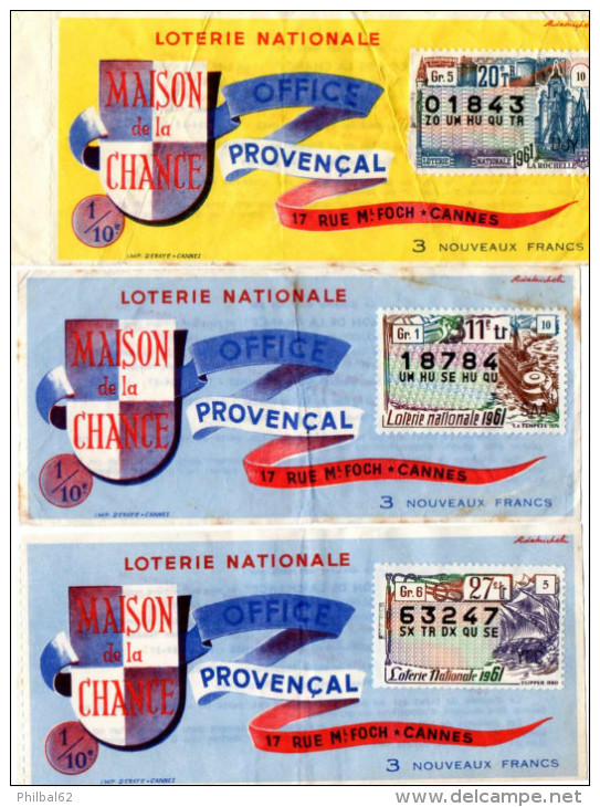 Lot De 3 Billets De Loterie Nationale Office Provençal, Maison De La Chance, Rue Foch à Cannes. Année 1961. - Billets De Loterie