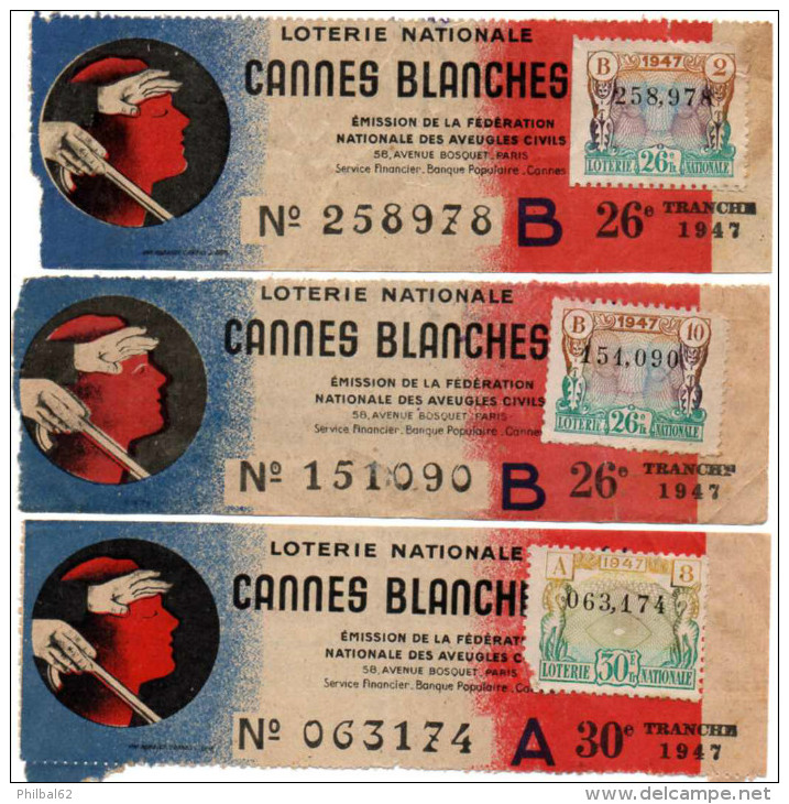 Lot De 3 Billets De Loterie Nationale Cannes Blanches. Année 1947. - Billets De Loterie