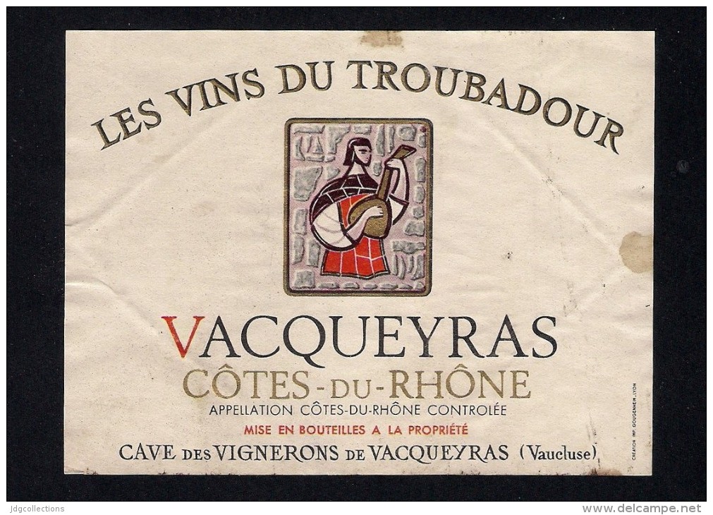 # VACQUEYRAS COTES-DU-RHONE France Red Wine Label, Wein Vino Vin Etiquette Etiqueta Etikett, Les Vins Du Troubadour - Côtes Du Rhône