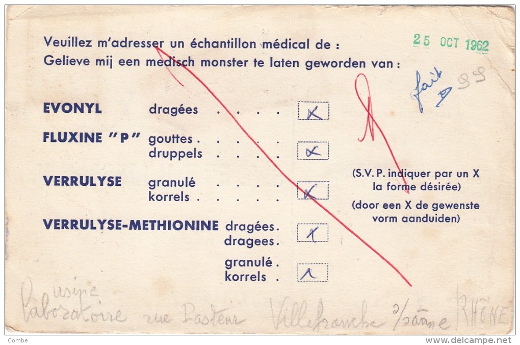 1962, CARTE LABORATOIRE BELGIQUE, TAXE 23F /4469 - Other & Unclassified