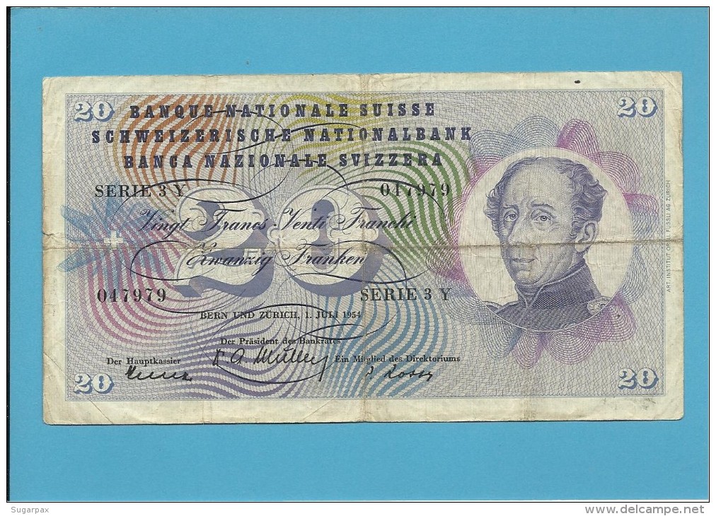 SWITZERLAND - 20 FRANCS - 01.07.1954 - P 46 A - Sign. 35 - Serie 3 Y  - BANQUE NATIONALE SUISSE - Suiza