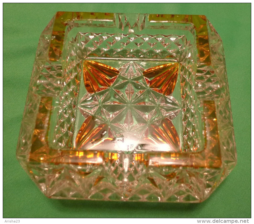 Vintage CRYSTAL Glass ASHTRAY Decorated W. Rich Yellow Flashed Glass & Facets - Vidrio