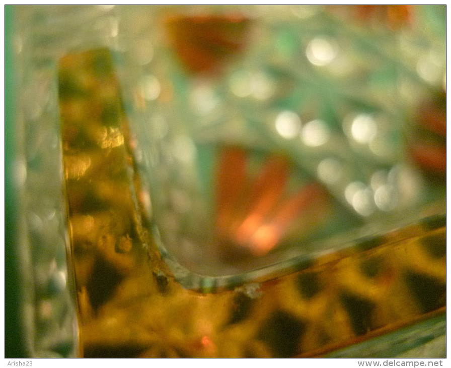 Vintage CRYSTAL glass ASHTRAY decorated w. rich yellow flashed glass & facets