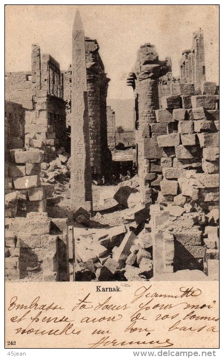 Egypte: Karnak Vue Des Ruines Belle Carte Voyagée Vers La France - Egyptology