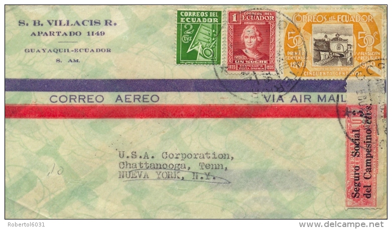 Ecuador 1936? Air Mail Cover With 1 Sucre Columbus + 50 Cent. 100th Of Republic + Postal Tax Stamps 2 Cent. And 3 Cent. - Christophe Colomb