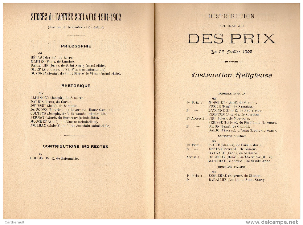 Livret De Distribution Solennelle Des Prix - 1902 - Institution Libre Saint-Nicolas De GIMONT  - 44 Pages - Diplômes & Bulletins Scolaires