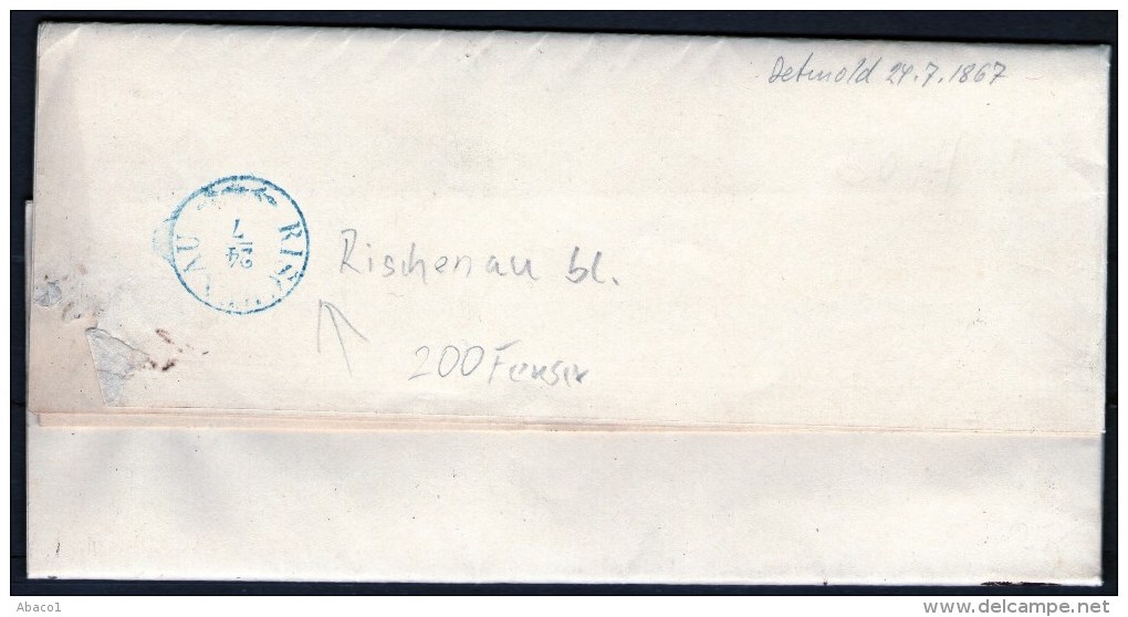 Altbrief 1867 Aus Detmold Nach Falkenhagen Mit Zierstempel Rischnau In Blau - Prefilatelia