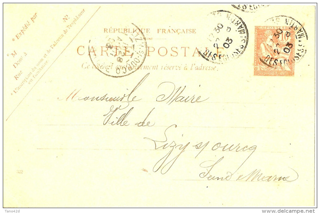 LBL19 - EP CP MOUCHON 10c RETOUCHE REPIQUAGE MATERIEL USINES A GAZ PARIS/LIZY S-OURQ 23/8/1903 - Overprinter Postcards (before 1995)