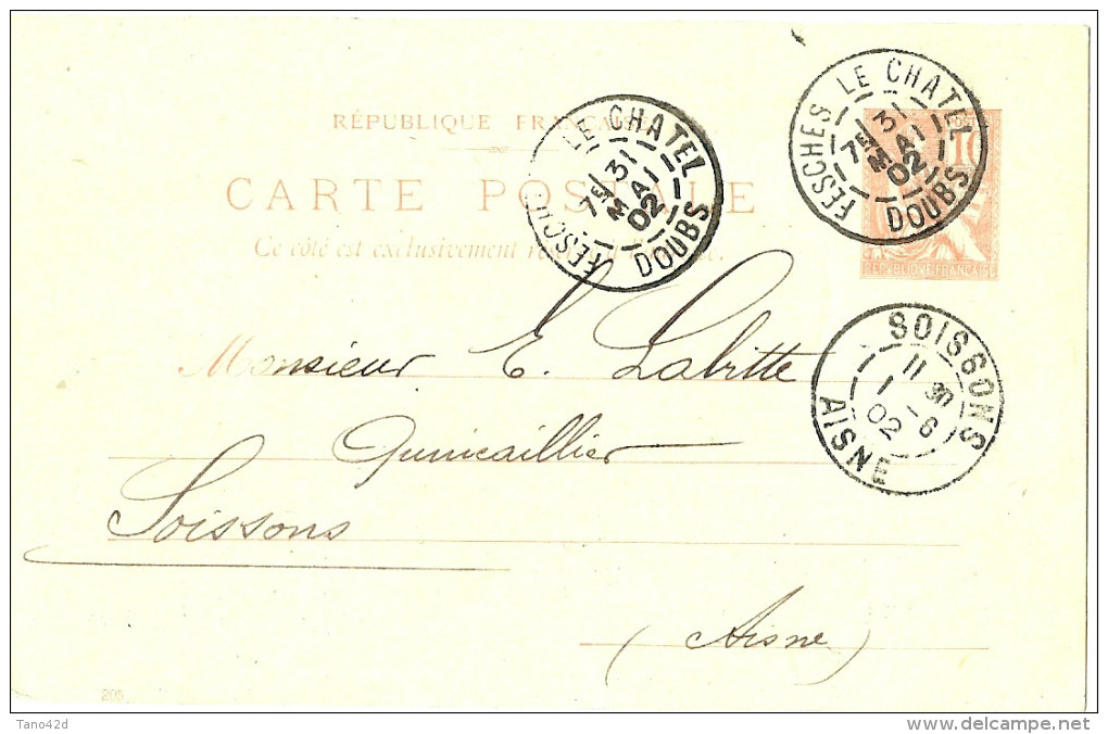 LBL19 - EP CP MOUCHON 10c RETOUCHE REPIQUAGE QUINCAILLEIES DE L'EST  FESCHES / SOISSONS 31/5/1902 - Overprinter Postcards (before 1995)