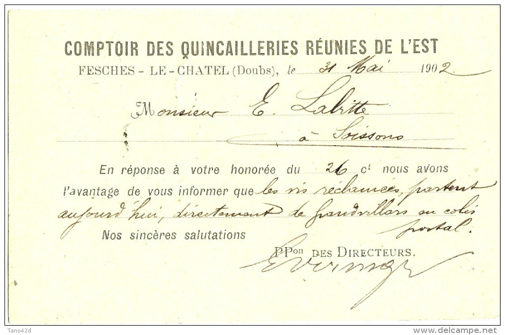 LBL19 - EP CP MOUCHON 10c RETOUCHE REPIQUAGE QUINCAILLEIES DE L'EST  FESCHES / SOISSONS 31/5/1902 - Overprinter Postcards (before 1995)