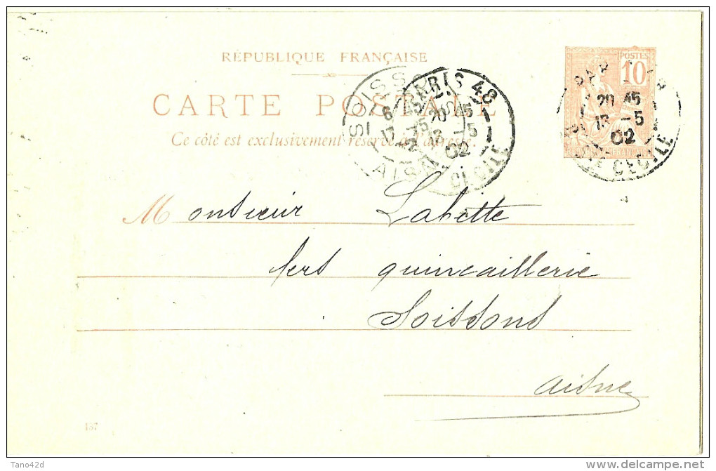 LBL19 - EP CP MOUCHON 10c RETOUCHE REPIQUAGE ETS DURENNE  PARIS / SOISSONS 13/5/1902 - Overprinter Postcards (before 1995)