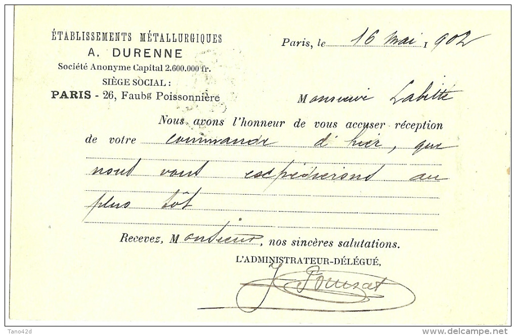 LBL19 - EP CP MOUCHON 10c RETOUCHE REPIQUAGE ETS DURENNE  PARIS / SOISSONS 13/5/1902 - Overprinter Postcards (before 1995)