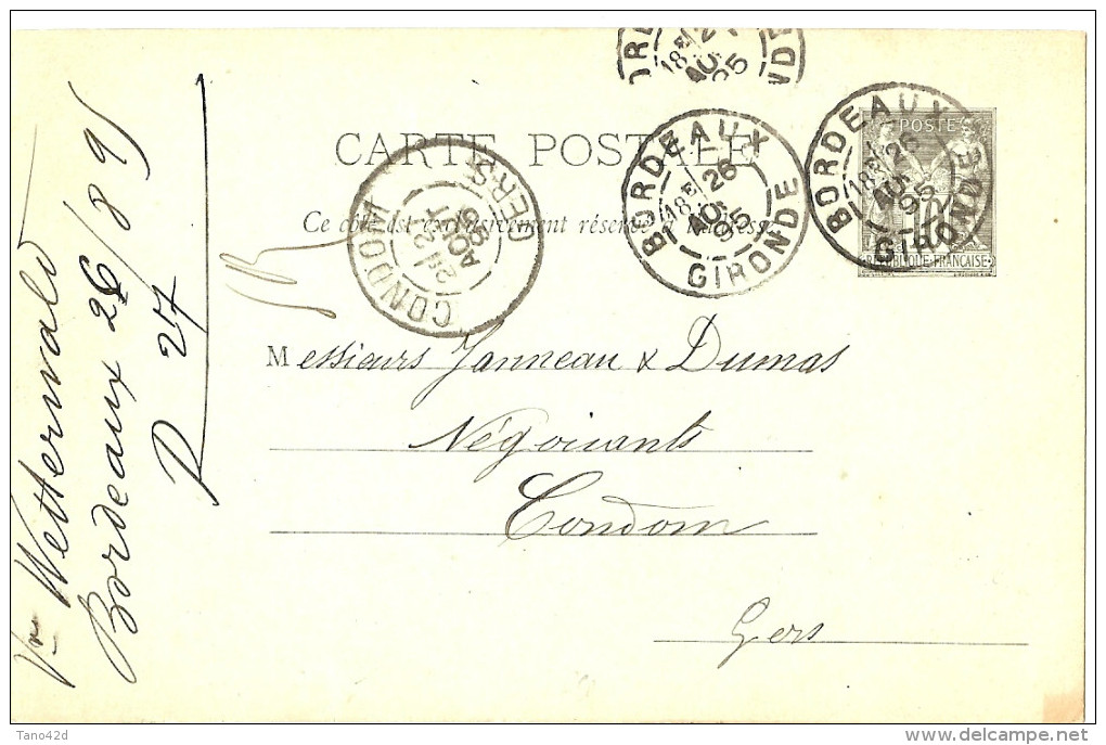 LBL19 - EP CP SAGE 10c REPIQUAGE Vve WETTERWALD  BORDEAUX / CONDOM 28/8/1895 - Overprinter Postcards (before 1995)