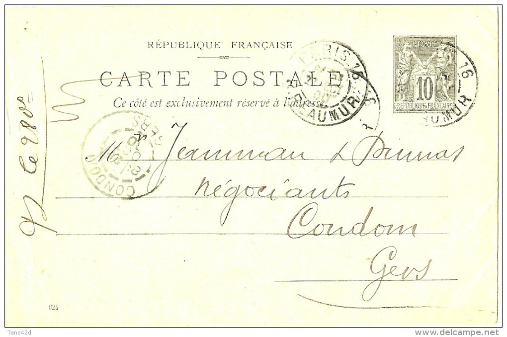 LBL19 - EP CP SAGE 10c REPIQUAGE FELIX POTIN PARIS / CONDOM 27/10/1900 - Overprinter Postcards (before 1995)