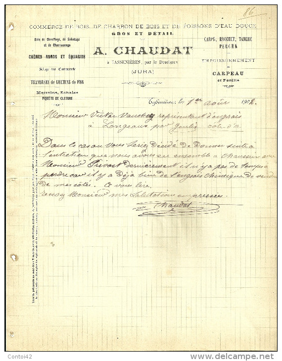 39 TASSENIERES LETTRE COMMERCE DE BOIS CHARBON  POISSON DEAU DOUCE CARPE BROCHET TANCHE PERCHE CHEMINS DE FER JURA - 1900 – 1949