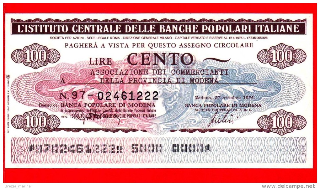 MINIASSEGNI - ISTITUTO CENTRALE BANCHE POPOLARI ITALIANE - FdS - 024 - [10] Checks And Mini-checks