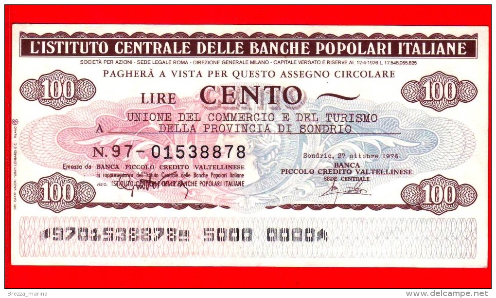 MINIASSEGNI - ISTITUTO CENTRALE BANCHE POPOLARI ITALIANE - FdS - 015 - [10] Checks And Mini-checks