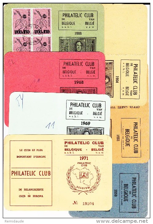 BELGIQUE - 7 CARTES AFFRANCHIES De MEMBRE De CLUB PHILATELIQUE - 1959+1961+1964+1966+1968/9+1971 - Briefe U. Dokumente