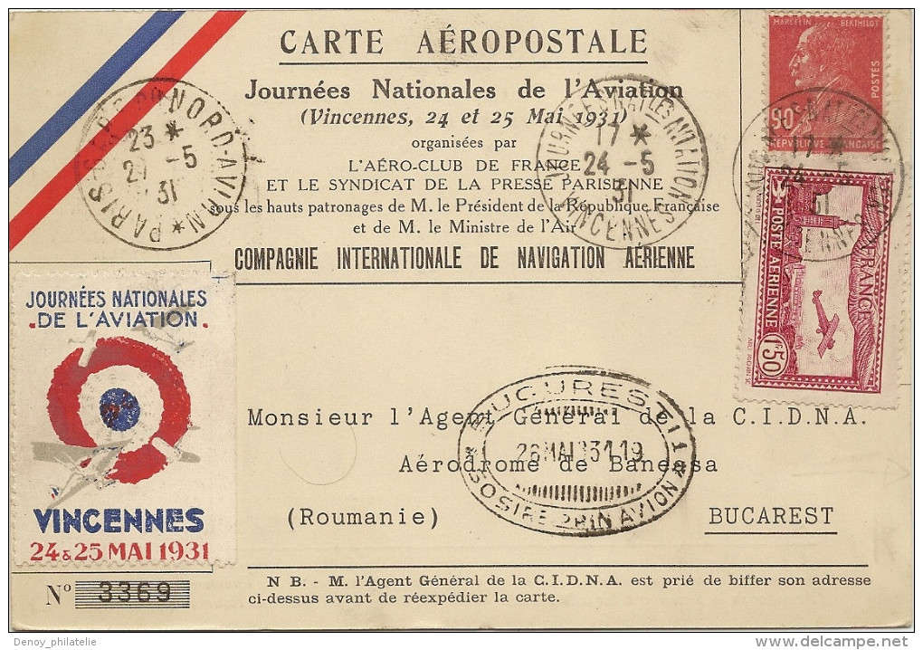 Carte Aéropostale Journée De Nationales De L´Aviation 24 25 Mai 1931 -  Pour La Roumanie, Avec Timbres Roumain  Pour... - 1960-.... Covers & Documents