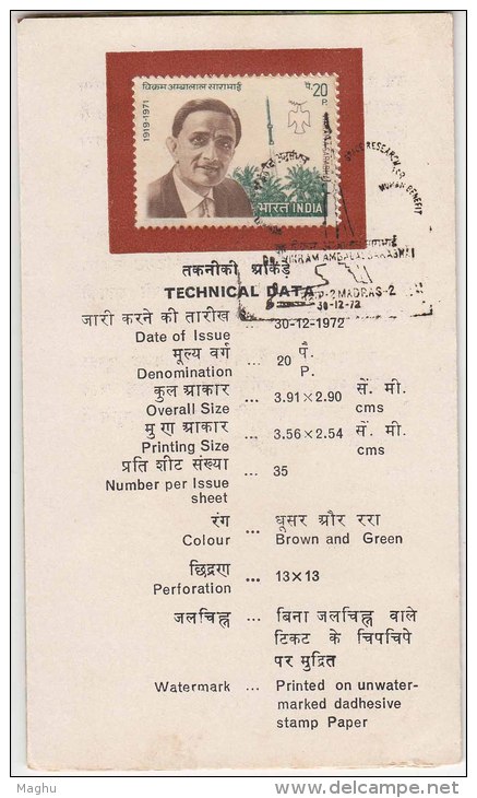 Stamped Information Sheet On  Vikram Sarabhai, Scientist, Rocket Rohini, Peace Bird Dove, Space India 1972 - Asie