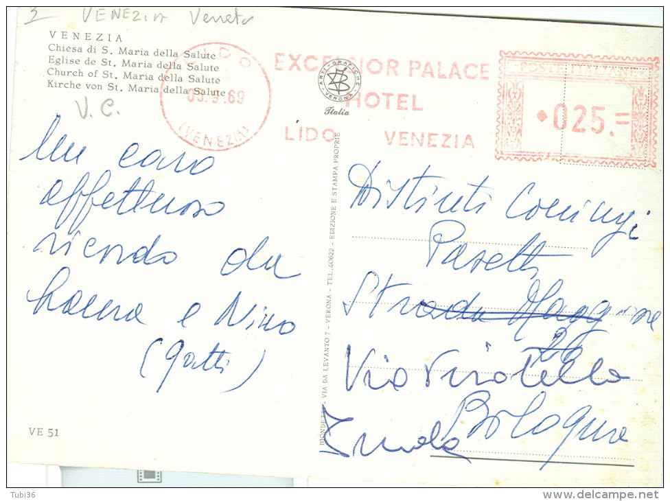 EXCELSIOR PALACE HOTEL, LIDO VENEZIA, TIMBRO ROSSO £.25, SU CARTOLINA,  1969, VENEZIA CHIESA  S. MARIA  SALUTE - Hotels, Restaurants & Cafés