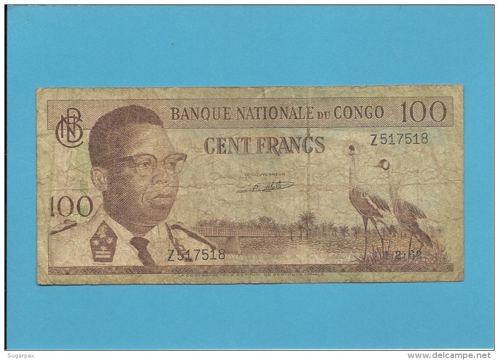 CONGO - 100 FRANCS -  01.02.1962 - P 6 - Sign. 1 - Prefix Z - DEMOCRATIC REPUBLIC - Democratic Republic Of The Congo & Zaire