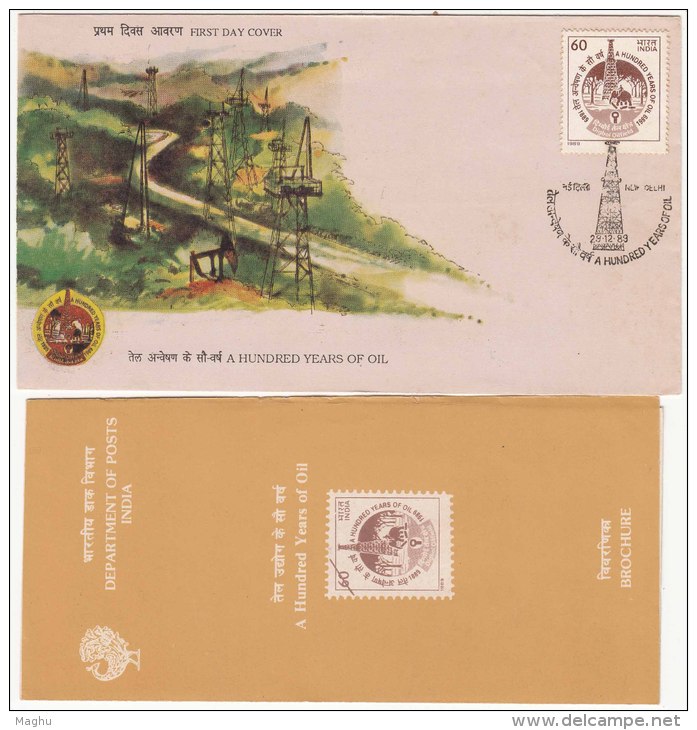 FDC (New Delhi) + Information, Hundred Years Of Oil Energy, Elephant Work For Assam Railway, Train Co., Tree, India 1989 - Aardolie